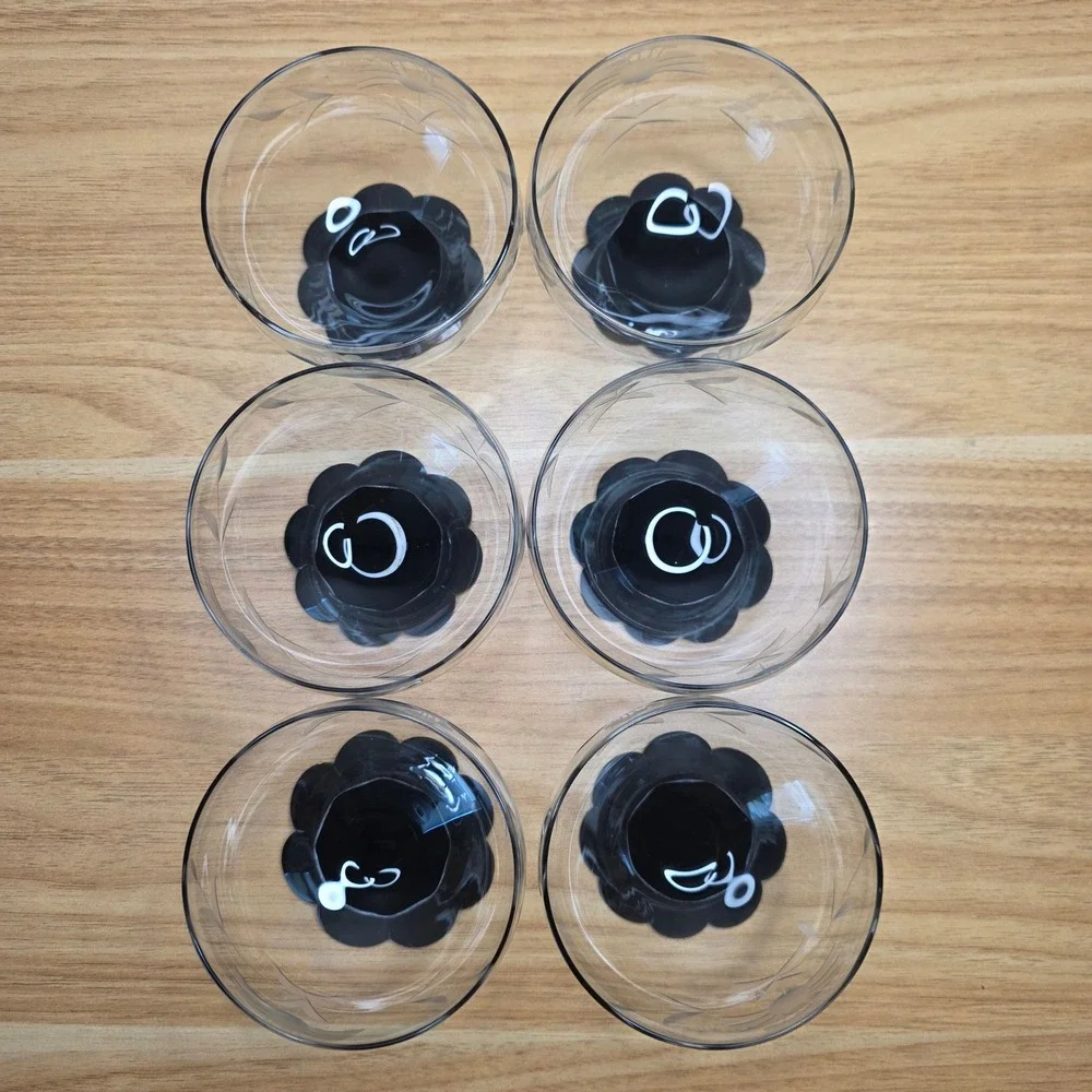 Rare 6 Weston Black Lily Pad Foot Base Champagne Sherbet Glasses Etched Floral